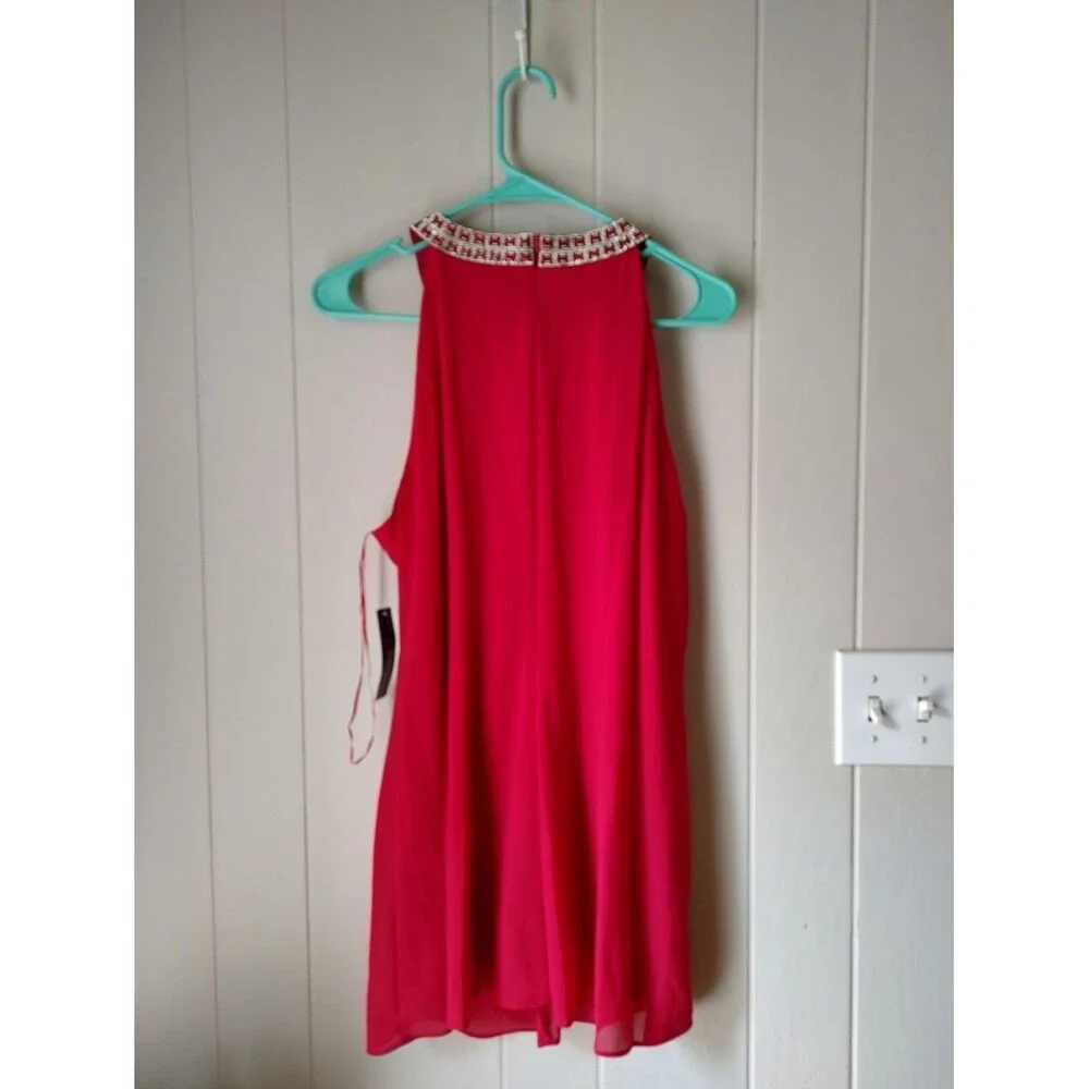 R&M Richards Scarlet Red Beaded Rhinsestone Halter Chiffon Blouse Medium